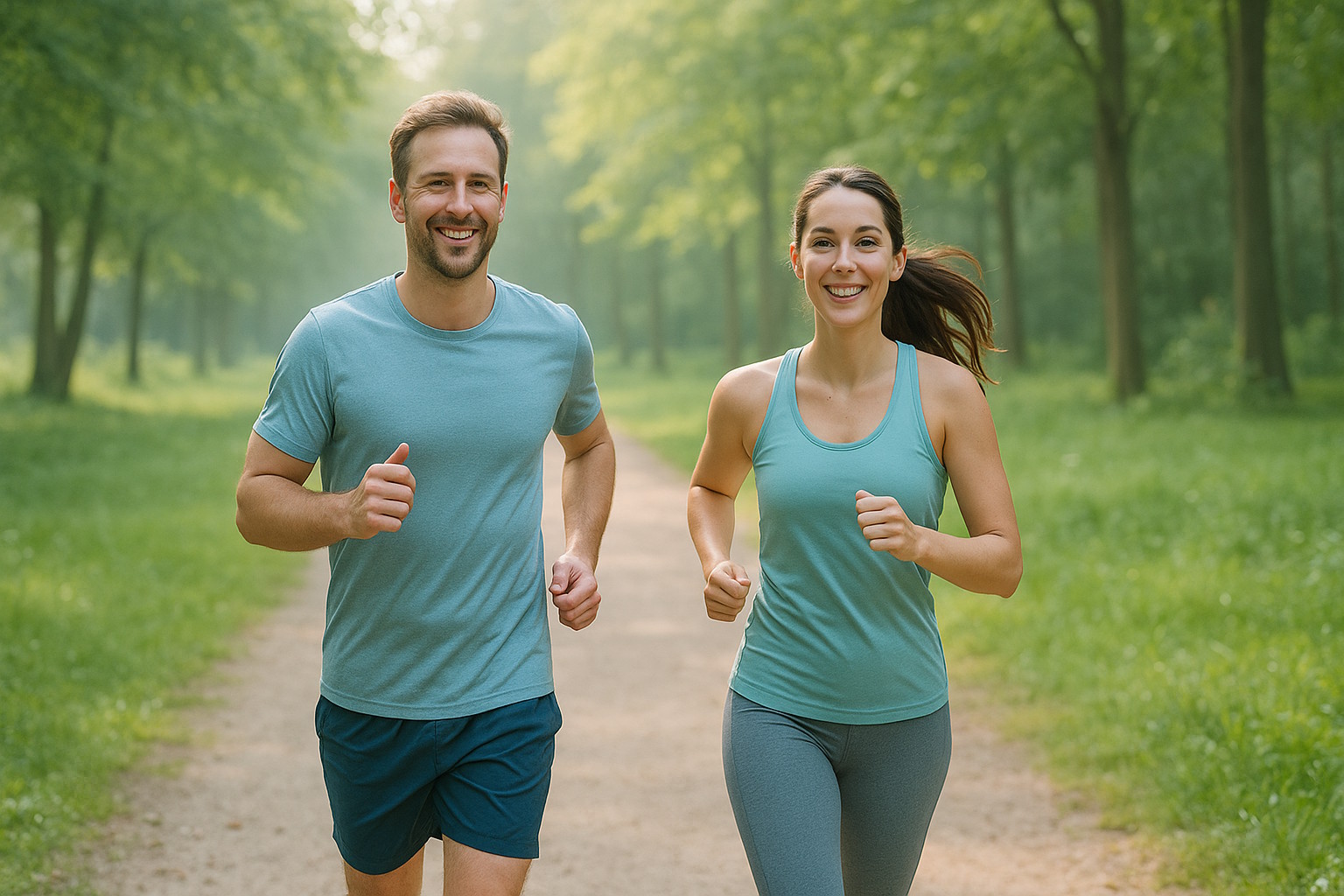 Para sportowców biegnąca w parku